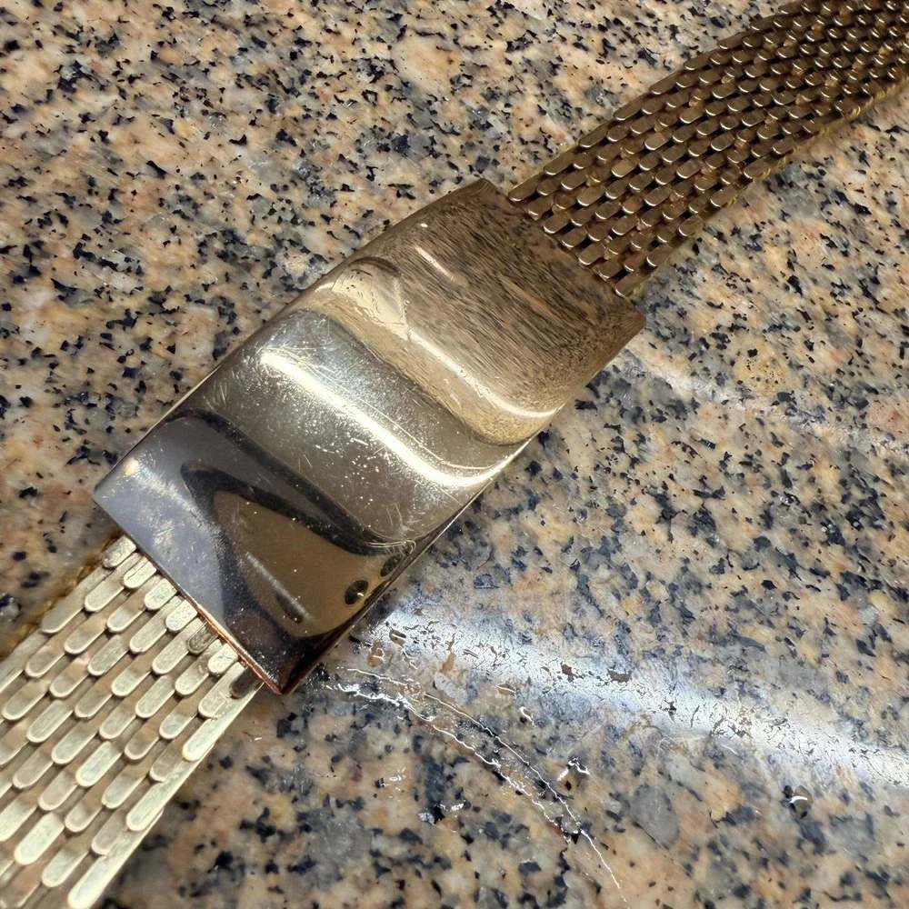 VTG Stretch Waist Belt Womens One Size Gold Metal Elastic Wide Textured Chain